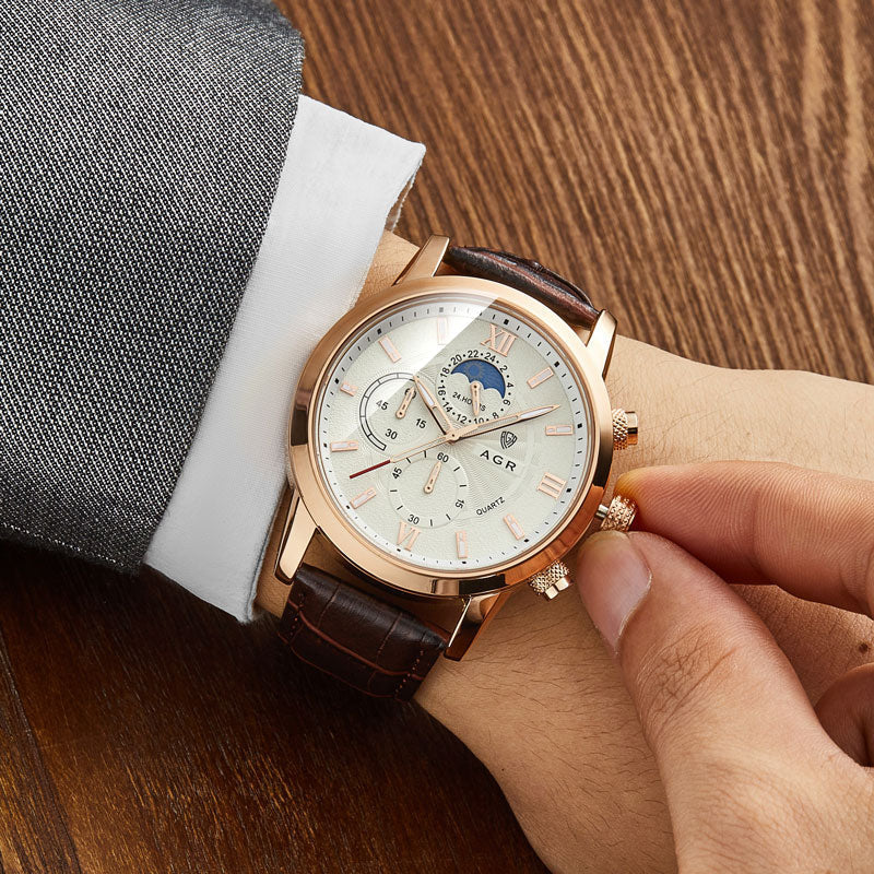 Luxus Quarz Uhr mit Lederarmband